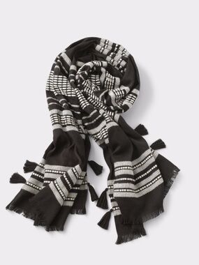 STELLA & DOT INES Scarf Black White Wrap Scarf Shawl Fringe Travel EUC
